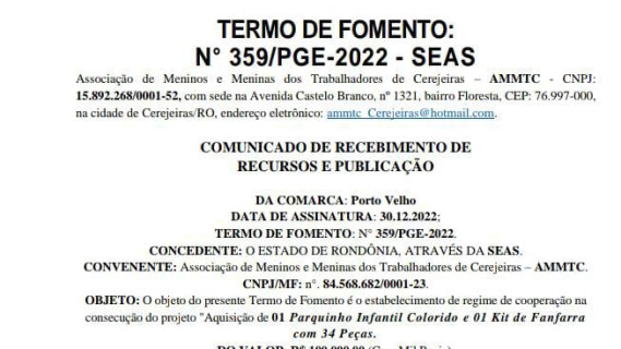 TERMO DE FOMENTO: N° 359/PGE-2022 - SEAS - AMMTC